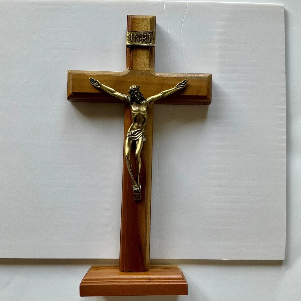 Vintage Wooden Standing Wall Crucifix Brass Corpus INRI Altar Desk Cross 11